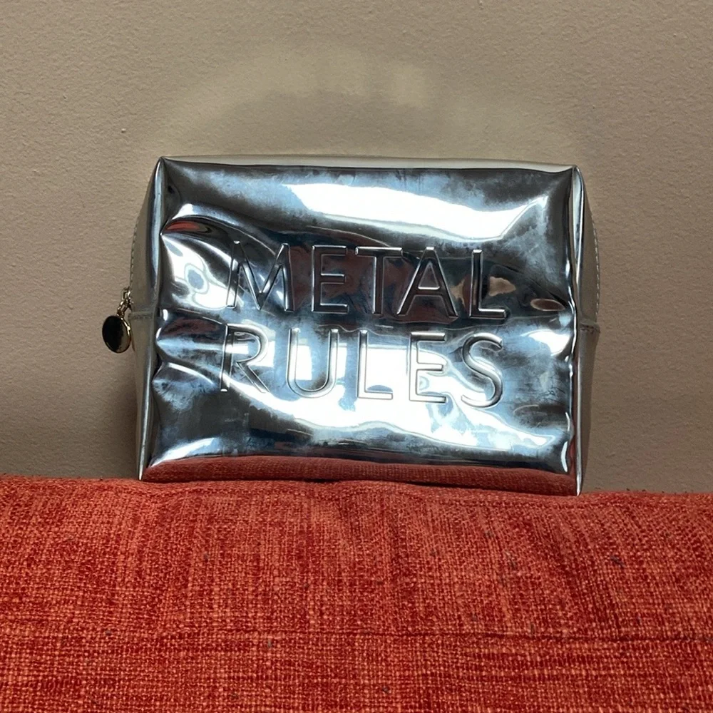 YSL Yves Saint Laurent Metal Rules Silver Metallic Makeup Travel Bag Case